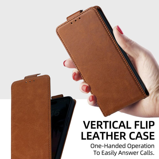 For Samsung Galaxy S24+ 5G Vertical Flip Cover Solid Color Vegan Leather Phone Case with Crossbody Chain(Brown)