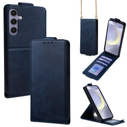 For Samsung Galaxy S24+ 5G Vertical Flip Cover Solid Color Vegan Leather Phone Case with Crossbody Chain(Blue)
