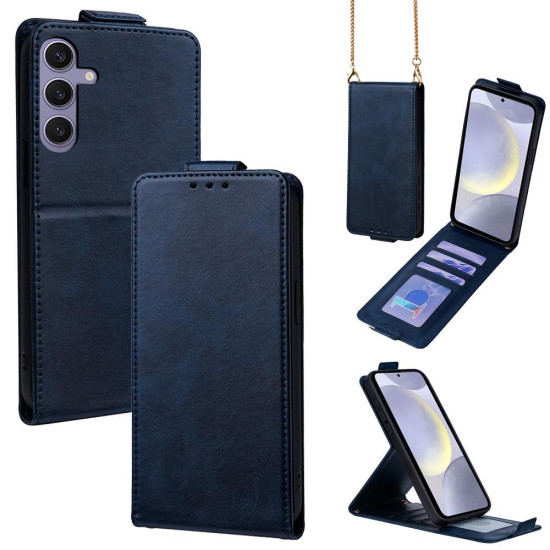 For Samsung Galaxy S24+ 5G Vertical Flip Cover Solid Color Vegan Leather Phone Case with Crossbody Chain(Blue)