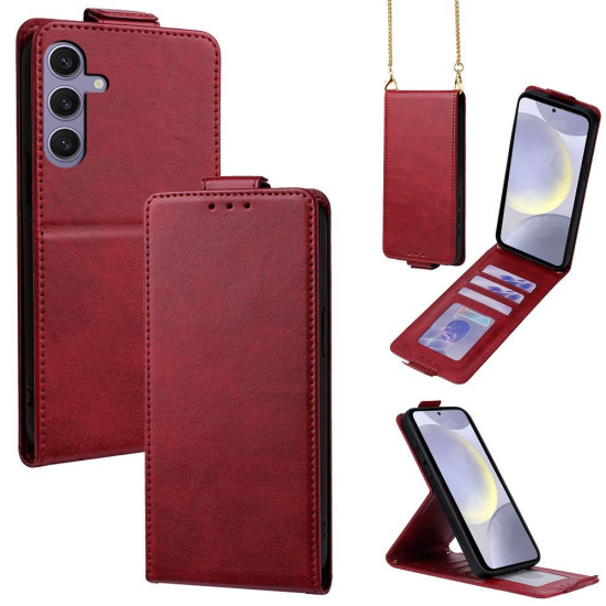 For Samsung Galaxy S24+ 5G Vertical Flip Cover Solid Color Vegan Leather Phone Case with Crossbody Chain(Red)