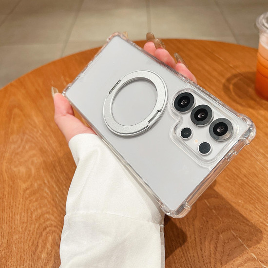 For Samsung Galaxy S24+ 5G Four Corner Shockproof Space Magnetic Phone Case with 360 Degrees Rotating Holder(Transparent)