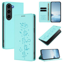 For Samsung Galaxy S23 5G Cute Cats Embossed Magnetic RFID Vegan Leather Phone Case(Mint Green)
