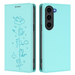 For Samsung Galaxy S23 5G Cute Cats Embossed Magnetic RFID Vegan Leather Phone Case(Mint Green)