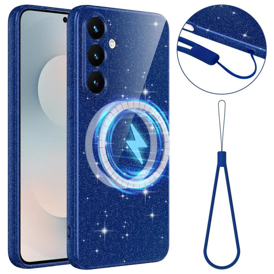 For Samsung Galaxy S24+ 5G Fine Hole Glossy Glitter Magnetic TPU Phone Case with Same Color Hand Strap(Blue)