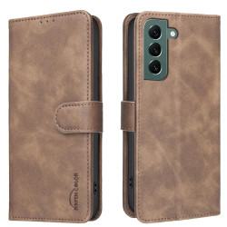 For Samsung Galaxy S24+ 5G Solid Color Calfskin Texture RFID Vegan Leather Phone Case(Brown)