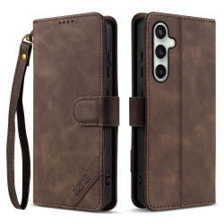 For Samsung Galaxy S24+ 5G AZNS A2 Series Tri-Card Wallet RFID Vegan Leather Phone Case with Strap(Brown)