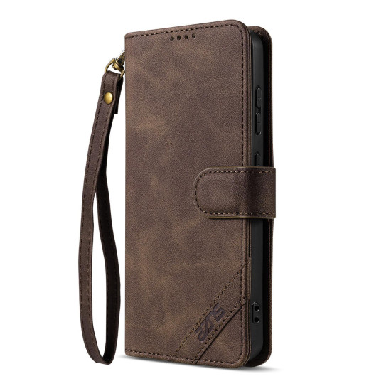 For Samsung Galaxy S24+ 5G AZNS A2 Series Tri-Card Wallet RFID Vegan Leather Phone Case with Strap(Brown)