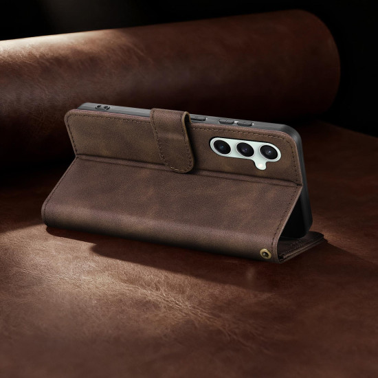 For Samsung Galaxy S24+ 5G AZNS A2 Series Tri-Card Wallet RFID Vegan Leather Phone Case with Strap(Brown)