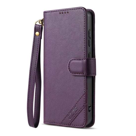 For Samsung Galaxy S24+ 5G AZNS A2 Series Tri-Card Wallet RFID Vegan Leather Phone Case with Strap(Purple)