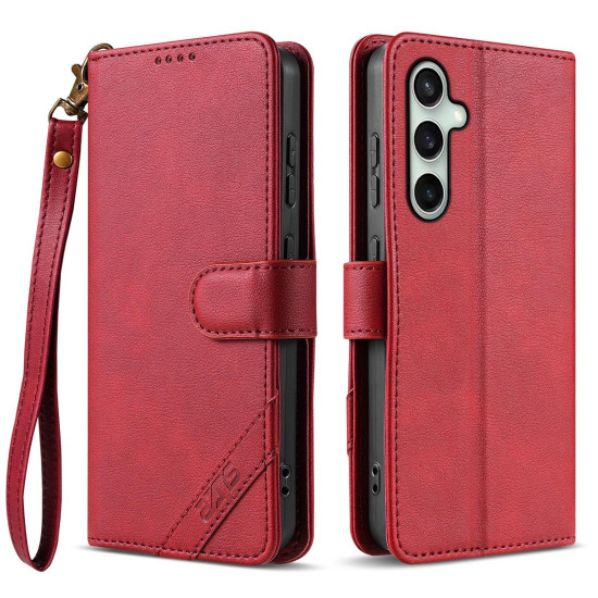 For Samsung Galaxy S24+ 5G AZNS A2 Series Tri-Card Wallet RFID Vegan Leather Phone Case with Strap(Red)