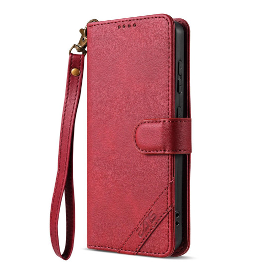 For Samsung Galaxy S24+ 5G AZNS A2 Series Tri-Card Wallet RFID Vegan Leather Phone Case with Strap(Red)