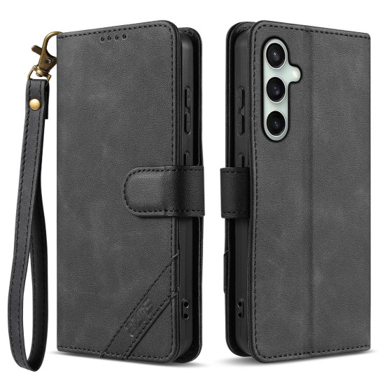 For Samsung Galaxy S24+ 5G AZNS A2 Series Tri-Card Wallet RFID Vegan Leather Phone Case with Strap(Black)