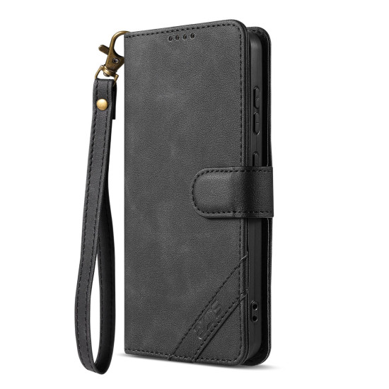 For Samsung Galaxy S24+ 5G AZNS A2 Series Tri-Card Wallet RFID Vegan Leather Phone Case with Strap(Black)