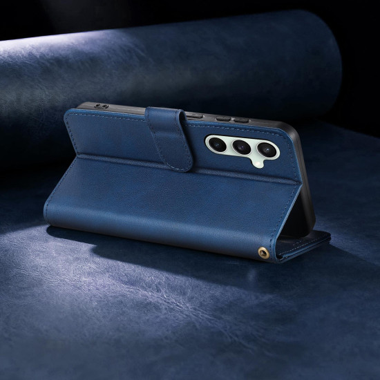 For Samsung Galaxy S24+ 5G AZNS A2 Series Tri-Card Wallet RFID Vegan Leather Phone Case with Strap(Blue)