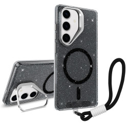 For Samsung Galaxy S24+ 5G Camera Bracket Glitter Magnetic Phone Case with Lanyard(Black)