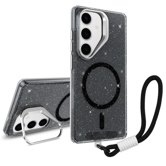 For Samsung Galaxy S24+ 5G Camera Bracket Glitter Magnetic Phone Case with Lanyard(Black)