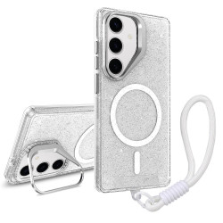 For Samsung Galaxy S24+ 5G Camera Bracket Glitter Magnetic Phone Case with Lanyard(White)