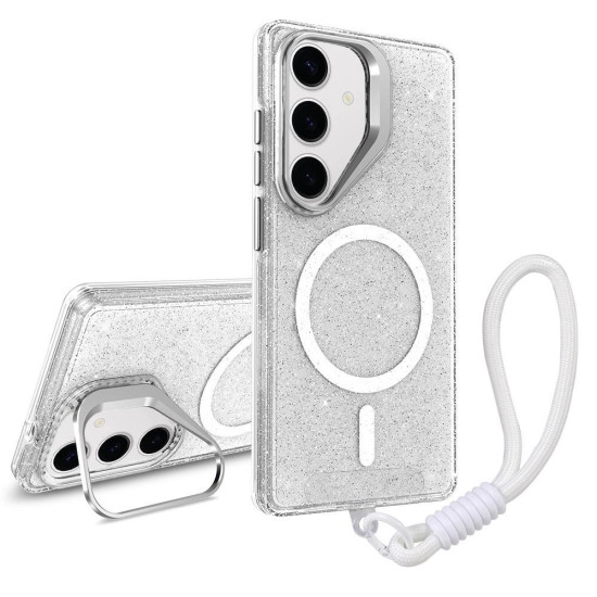 For Samsung Galaxy S24+ 5G Camera Bracket Glitter Magnetic Phone Case with Lanyard(White)