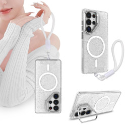 For Samsung Galaxy S24+ 5G Camera Bracket Glitter Magnetic Phone Case with Lanyard(White)