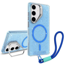 For Samsung Galaxy S24+ 5G Camera Bracket Glitter Magnetic Phone Case with Lanyard(Blue)