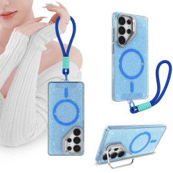 For Samsung Galaxy S24+ 5G Camera Bracket Glitter Magnetic Phone Case with Lanyard(Blue)