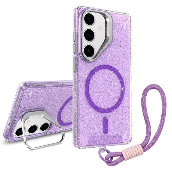 For Samsung Galaxy S24+ 5G Camera Bracket Glitter Magnetic Phone Case with Lanyard(Purple)