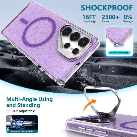 For Samsung Galaxy S24+ 5G Camera Bracket Glitter Magnetic Phone Case with Lanyard(Purple)
