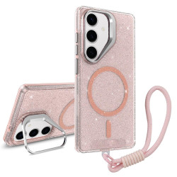 For Samsung Galaxy S24+ 5G Camera Bracket Glitter Magnetic Phone Case with Lanyard(Pink)