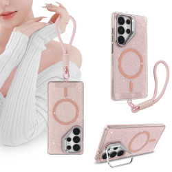 For Samsung Galaxy S24+ 5G Camera Bracket Glitter Magnetic Phone Case with Lanyard(Pink)