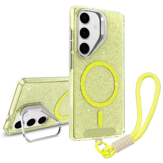 For Samsung Galaxy S24+ 5G Camera Bracket Glitter Magnetic Phone Case with Lanyard(Yellow)
