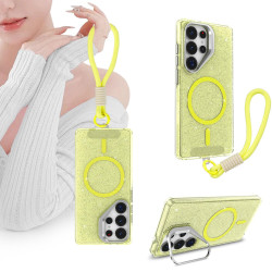For Samsung Galaxy S24+ 5G Camera Bracket Glitter Magnetic Phone Case with Lanyard(Yellow)