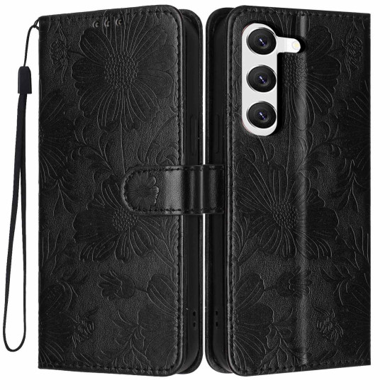 For Samsung Galaxy S23+ 5G Sunflower Embossed Vegan Leather Phone Case with Small Black Rope(Black)