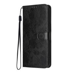 For Samsung Galaxy S23+ 5G Sunflower Embossed Vegan Leather Phone Case with Small Black Rope(Black)
