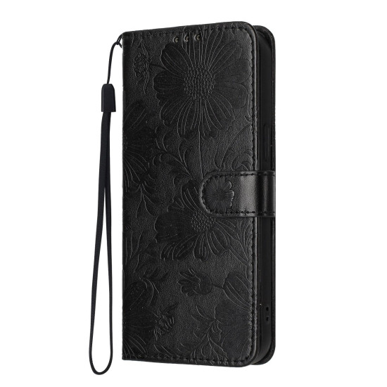 For Samsung Galaxy S23+ 5G Sunflower Embossed Vegan Leather Phone Case with Small Black Rope(Black)