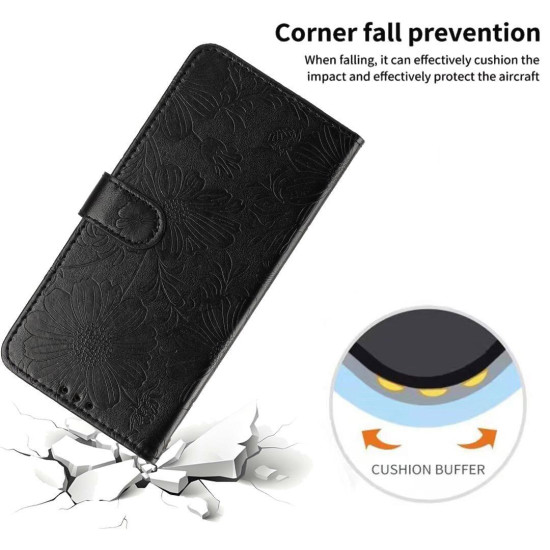 For Samsung Galaxy S23+ 5G Sunflower Embossed Vegan Leather Phone Case with Small Black Rope(Black)