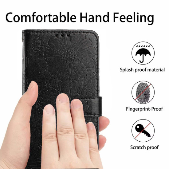 For Samsung Galaxy S23+ 5G Sunflower Embossed Vegan Leather Phone Case with Small Black Rope(Black)