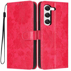 For Samsung Galaxy S23+ 5G Sunflower Embossed Vegan Leather Phone Case with Small Black Rope(Red)