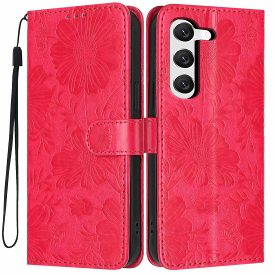 For Samsung Galaxy S23+ 5G Sunflower Embossed Vegan Leather Phone Case with Small Black Rope(Red)