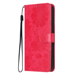 For Samsung Galaxy S23+ 5G Sunflower Embossed Vegan Leather Phone Case with Small Black Rope(Red)