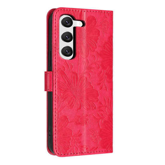For Samsung Galaxy S23+ 5G Sunflower Embossed Vegan Leather Phone Case with Small Black Rope(Red)