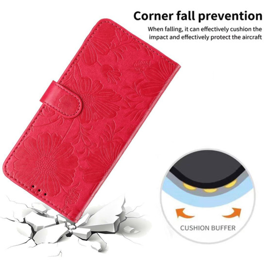 For Samsung Galaxy S23+ 5G Sunflower Embossed Vegan Leather Phone Case with Small Black Rope(Red)