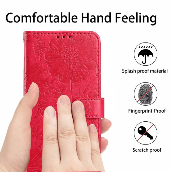 For Samsung Galaxy S23+ 5G Sunflower Embossed Vegan Leather Phone Case with Small Black Rope(Red)