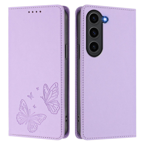 For Samsung Galaxy S23+ 5G Strong Magnetic Dual Butterfly RFID Vegan Leather Phone Case(Light Purple)