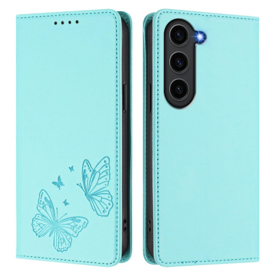 For Samsung Galaxy S23+ 5G Strong Magnetic Dual Butterfly RFID Vegan Leather Phone Case(Mint Green)