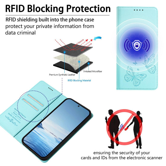 For Samsung Galaxy S23+ 5G Strong Magnetic Dual Butterfly RFID Vegan Leather Phone Case(Mint Green)