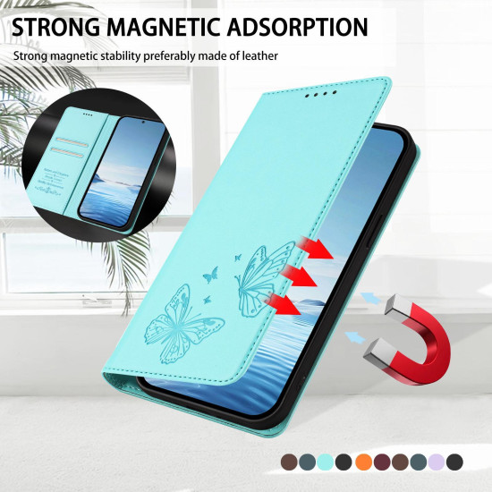 For Samsung Galaxy S23+ 5G Strong Magnetic Dual Butterfly RFID Vegan Leather Phone Case(Mint Green)
