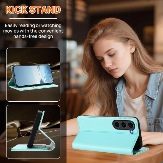 For Samsung Galaxy S23+ 5G Strong Magnetic Dual Butterfly RFID Vegan Leather Phone Case(Mint Green)