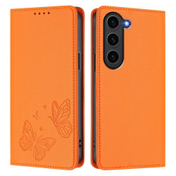 For Samsung Galaxy S23+ 5G Strong Magnetic Dual Butterfly RFID Vegan Leather Phone Case(Orange)