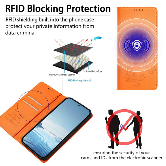 For Samsung Galaxy S23+ 5G Strong Magnetic Dual Butterfly RFID Vegan Leather Phone Case(Orange)