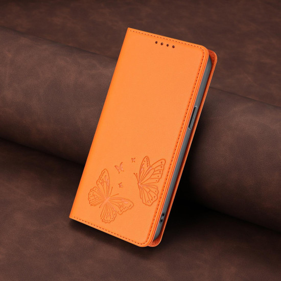 For Samsung Galaxy S23+ 5G Strong Magnetic Dual Butterfly RFID Vegan Leather Phone Case(Orange)